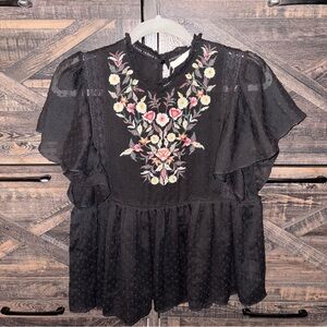 Zara Black Floral Embroidered Top